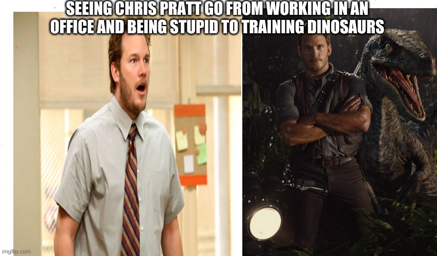Wowowowowowowowowow | SEEING CHRIS PRATT GO FROM WORKING IN AN OFFICE AND BEING STUPID TO TRAINING DINOSAURS | image tagged in jurassic park | made w/ Imgflip meme maker