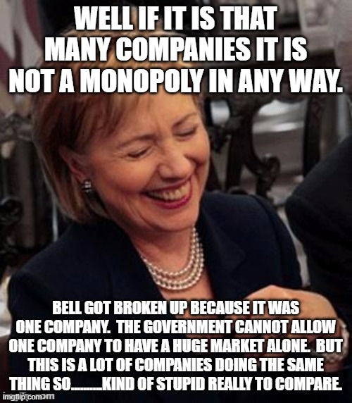 Hillary LOL | WELL IF IT IS THAT MANY COMPANIES IT IS NOT A MONOPOLY IN ANY WAY. BELL GOT BROKEN UP BECAUSE IT WAS ONE COMPANY.  THE GOVERNMENT CANNOT ALL | image tagged in hillary lol | made w/ Imgflip meme maker