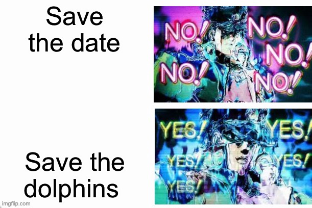 Jotaro YES YES NO NO | Save the date; Save the dolphins | image tagged in jotaro yes yes no no | made w/ Imgflip meme maker