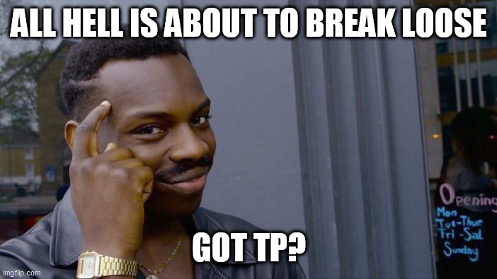 Roll Safe Think About It Meme | ALL HELL IS ABOUT TO BREAK LOOSE; GOT TP? | image tagged in memes,roll safe think about it | made w/ Imgflip meme maker