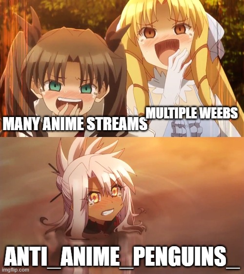 Put him in the mud >:3 | MULTIPLE WEEBS; MANY ANIME STREAMS; ANTI_ANIME_PENGUINS_ | image tagged in fate/kaleid 2wei meme | made w/ Imgflip meme maker