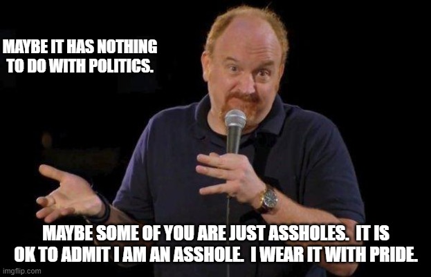 Of Course... but maybe... | MAYBE IT HAS NOTHING TO DO WITH POLITICS. MAYBE SOME OF YOU ARE JUST ASSHOLES.  IT IS OK TO ADMIT I AM AN ASSHOLE.  I WEAR IT WITH PRIDE. | image tagged in of course but maybe | made w/ Imgflip meme maker