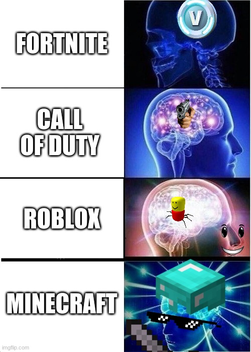 Expanding Brain Meme | FORTNITE; CALL OF DUTY; ROBLOX; MINECRAFT | image tagged in memes,expanding brain | made w/ Imgflip meme maker