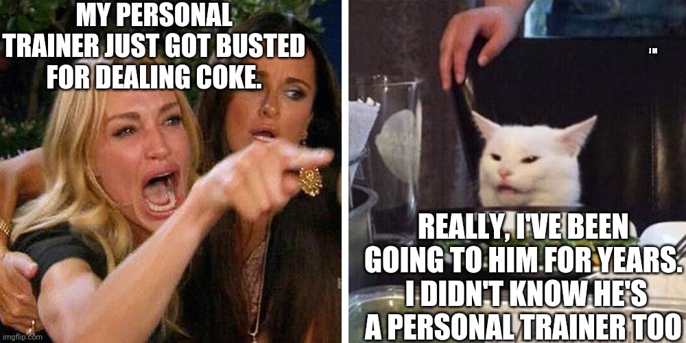 Smudge the cat | MY PERSONAL TRAINER JUST GOT BUSTED FOR DEALING COKE. J M; REALLY, I'VE BEEN GOING TO HIM FOR YEARS.  I DIDN'T KNOW HE'S A PERSONAL TRAINER TOO | image tagged in smudge the cat | made w/ Imgflip meme maker