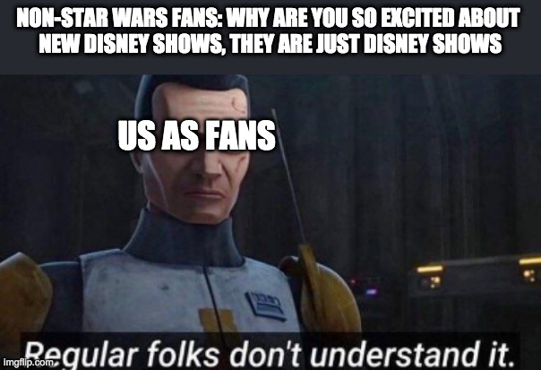 Regular folks don't understand it | NON-STAR WARS FANS: WHY ARE YOU SO EXCITED ABOUT 
NEW DISNEY SHOWS, THEY ARE JUST DISNEY SHOWS; US AS FANS | image tagged in regular folks don't understand it,disney star wars | made w/ Imgflip meme maker