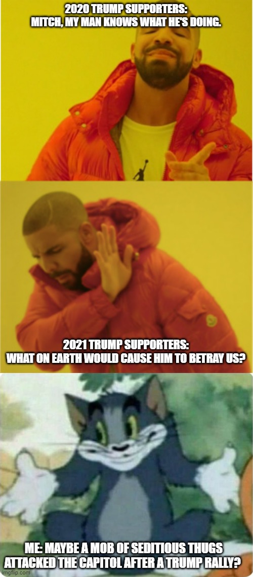 2020 TRUMP SUPPORTERS:
MITCH, MY MAN KNOWS WHAT HE'S DOING. 2021 TRUMP SUPPORTERS:
WHAT ON EARTH WOULD CAUSE HIM TO BETRAY US? ME: MAYBE A M | image tagged in drake hotline bling,tom shrugging | made w/ Imgflip meme maker