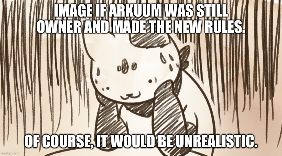 Chipflake questioning life | IMAGE IF ARKUUM WAS STILL OWNER AND MADE THE NEW RULES. OF COURSE, IT WOULD BE UNREALISTIC. | image tagged in chipflake questioning life | made w/ Imgflip meme maker