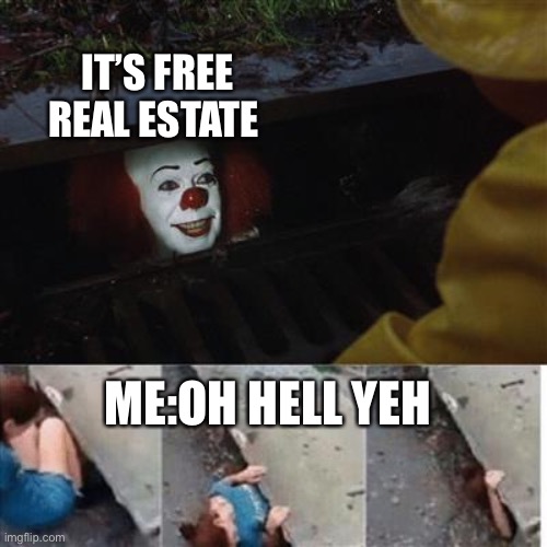 It’s free real estate | IT’S FREE REAL ESTATE; ME:OH HELL YEH | image tagged in it sewer / clown | made w/ Imgflip meme maker
