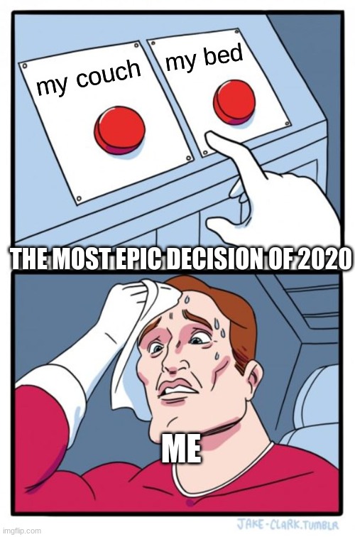 Two Buttons | my bed; my couch; THE MOST EPIC DECISION OF 2020; ME | image tagged in memes,two buttons | made w/ Imgflip meme maker