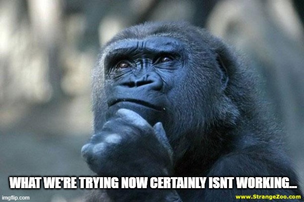 Deep Thoughts | WHAT WE'RE TRYING NOW CERTAINLY ISNT WORKING... | image tagged in deep thoughts | made w/ Imgflip meme maker