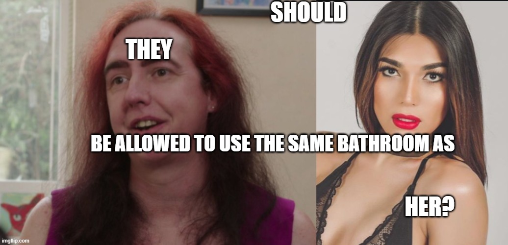 Real questions. | SHOULD; THEY; BE ALLOWED TO USE THE SAME BATHROOM AS; HER? | image tagged in transgender,obama law,bathroom,scandal | made w/ Imgflip meme maker