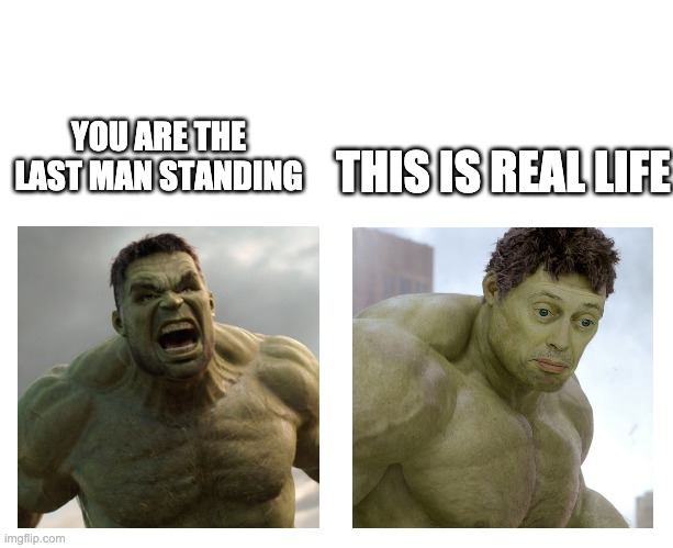 fortnite sux so dont think this is a fortnite meme | THIS IS REAL LIFE; YOU ARE THE LAST MAN STANDING | image tagged in hulk angry then realizes he's wrong | made w/ Imgflip meme maker