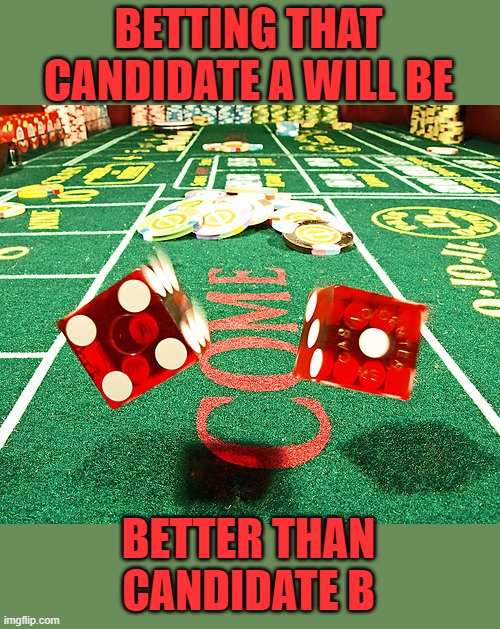 gamble dice craps | BETTING THAT CANDIDATE A WILL BE BETTER THAN CANDIDATE B | image tagged in gamble dice craps | made w/ Imgflip meme maker