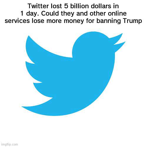 They deserve it | Twitter lost 5 billion dollars in 1 day. Could they and other online services lose more money for banning Trump | image tagged in twitter birds says,trump | made w/ Imgflip meme maker
