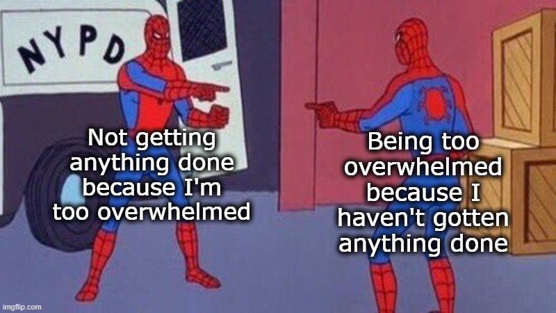 spiderman pointing at spiderman | Being too overwhelmed because I haven't gotten anything done; Not getting anything done because I'm too overwhelmed | image tagged in spiderman pointing at spiderman,lazy,awesomeness | made w/ Imgflip meme maker