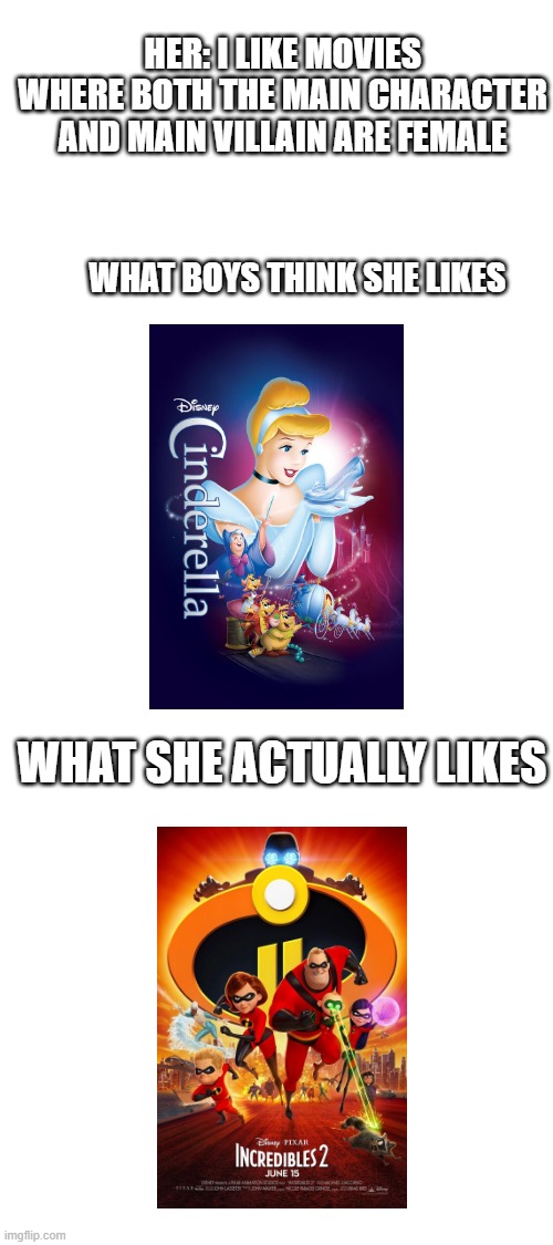 Warning: Spoiler alert | HER: I LIKE MOVIES WHERE BOTH THE MAIN CHARACTER AND MAIN VILLAIN ARE FEMALE; WHAT BOYS THINK SHE LIKES; WHAT SHE ACTUALLY LIKES | image tagged in blank white template | made w/ Imgflip meme maker