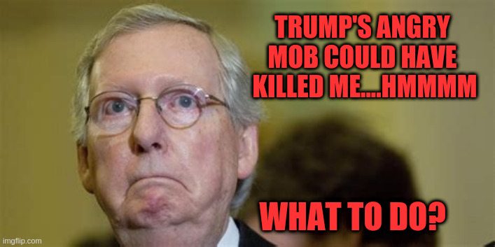 McConnell's quandary | TRUMP'S ANGRY 
MOB COULD HAVE 
KILLED ME....HMMMM; WHAT TO DO? | image tagged in mitch mcconnell | made w/ Imgflip meme maker