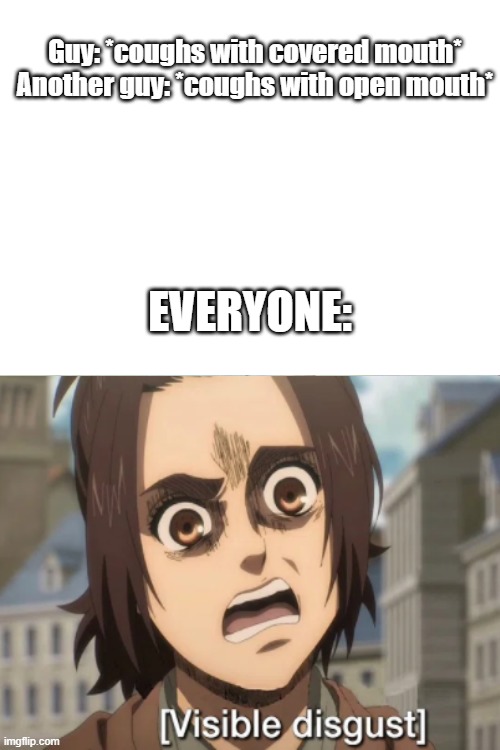 Cough with covered mouth pls... | Guy: *coughs with covered mouth*
Another guy: *coughs with open mouth*; EVERYONE: | image tagged in attack on titan,memes | made w/ Imgflip meme maker