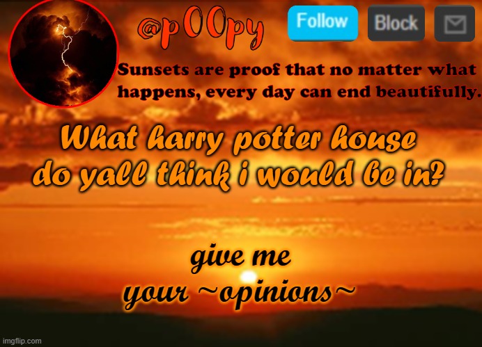 poopy | What harry potter house do yall think i would be in? give me your ~opinions~ | image tagged in poopy | made w/ Imgflip meme maker
