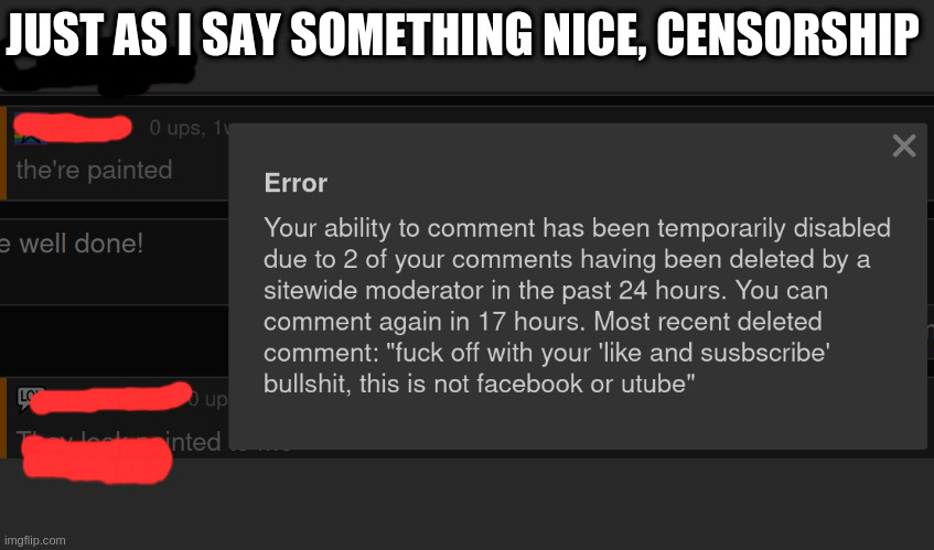 thats how things go sometimes - some sarcasm doesn't translate well | JUST AS I SAY SOMETHING NICE, CENSORSHIP | image tagged in mods | made w/ Imgflip meme maker