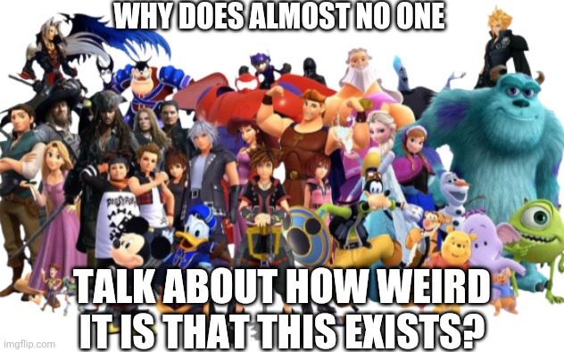 Like seriously, a Disney and Final Fantasy crossover is a very strange idea. | WHY DOES ALMOST NO ONE; TALK ABOUT HOW WEIRD IT IS THAT THIS EXISTS? | image tagged in kingdom hearts | made w/ Imgflip meme maker