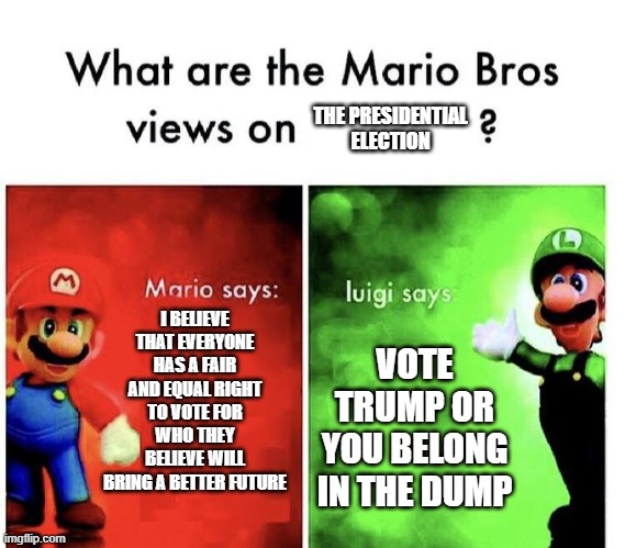 Mario Bros. Presidential Election | THE PRESIDENTIAL ELECTION; I BELIEVE THAT EVERYONE HAS A FAIR AND EQUAL RIGHT TO VOTE FOR WHO THEY BELIEVE WILL BRING A BETTER FUTURE; VOTE TRUMP OR YOU BELONG IN THE DUMP | image tagged in mario bros views,politics,donald trump,mario,luigi | made w/ Imgflip meme maker