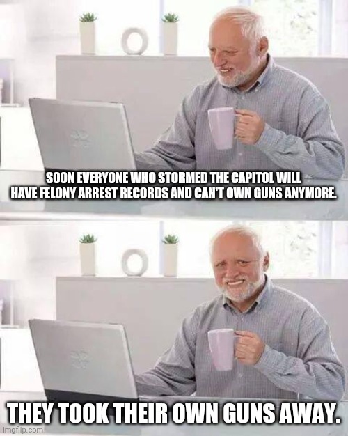 Hide the Pain Harold Meme | SOON EVERYONE WHO STORMED THE CAPITOL WILL HAVE FELONY ARREST RECORDS AND CAN'T OWN GUNS ANYMORE. THEY TOOK THEIR OWN GUNS AWAY. | image tagged in memes,hide the pain harold | made w/ Imgflip meme maker