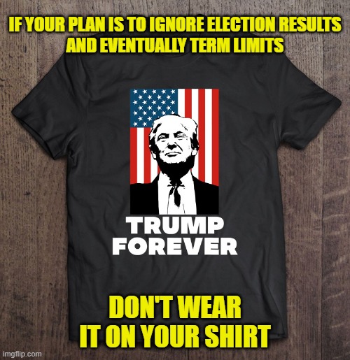 The steal was in plain sight | IF YOUR PLAN IS TO IGNORE ELECTION RESULTS
AND EVENTUALLY TERM LIMITS; DON'T WEAR IT ON YOUR SHIRT | image tagged in memes,trump forever,shirt,dictator,steal | made w/ Imgflip meme maker