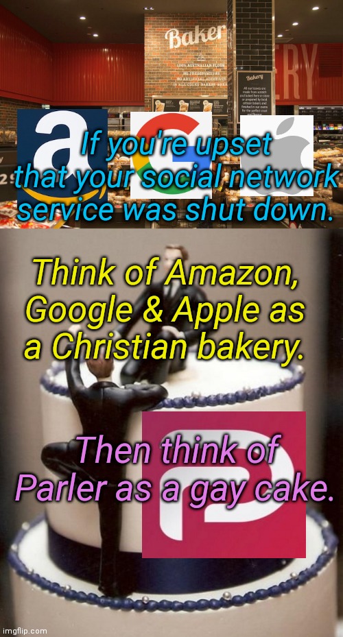 If you're upset that your social network service was shut down. Think of Amazon, Google & Apple as a Christian bakery. Then think of Parler as a gay cake. | image tagged in bakery,parler,social media,anti trump,president trump,donald trump | made w/ Imgflip meme maker