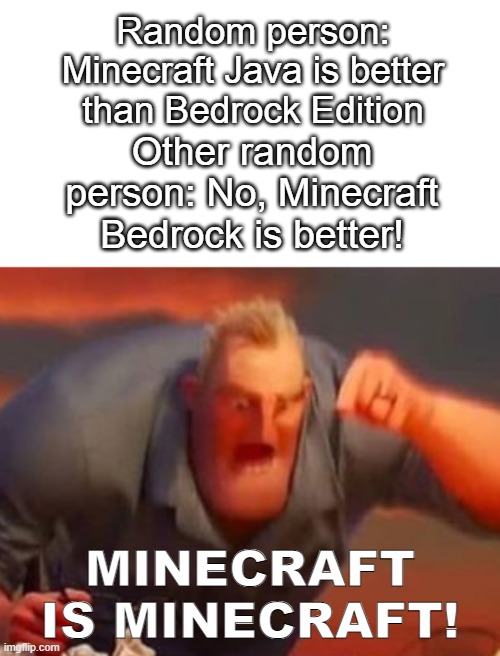 Random person: Minecraft Java is better than Bedrock Edition; Other random person: No, Minecraft Bedrock is better! MINECRAFT IS MINECRAFT! | image tagged in minecraft | made w/ Imgflip meme maker