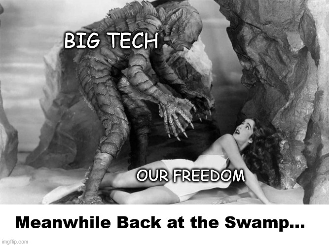 I don't like the way this is going to end | BIG TECH; OUR FREEDOM; Meanwhile Back at the Swamp... | image tagged in swamp | made w/ Imgflip meme maker