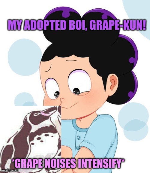 Mineta found a friend | MY ADOPTED BOI, GRAPE-KUN! *GRAPE NOISES INTENSIFY* | image tagged in mineta the cute grape boi,grape kun,grapes,penguins,mha | made w/ Imgflip meme maker