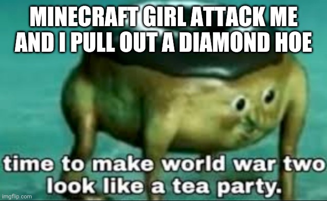 time to make world war 2 look like a tea party |  MINECRAFT GIRL ATTACK ME AND I PULL OUT A DIAMOND HOE | image tagged in time to make world war 2 look like a tea party | made w/ Imgflip meme maker