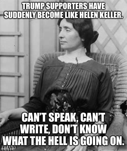 Helen Keller meme | TRUMP SUPPORTERS HAVE SUDDENLY BECOME LIKE HELEN KELLER. CAN’T SPEAK, CAN’T WRITE, DON’T KNOW WHAT THE HELL IS GOING ON. | image tagged in helen keller meme | made w/ Imgflip meme maker