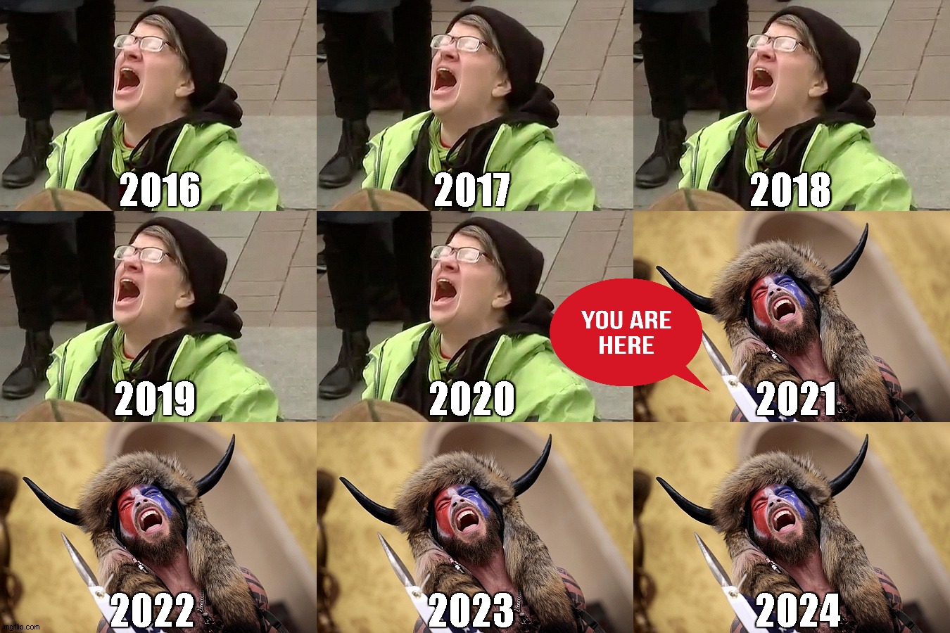 LOL | 2016                              2017                               2018; 2019                              2020                               2021; 2022                              2023                               2024 | image tagged in screaming liberal,buffalo man | made w/ Imgflip meme maker