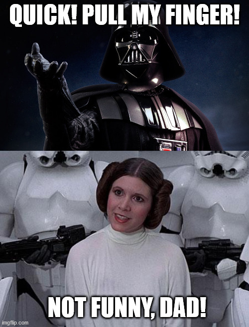 She thinks he's an old fart! | QUICK! PULL MY FINGER! NOT FUNNY, DAD! | image tagged in darth vadar,princess leia,dad joke | made w/ Imgflip meme maker