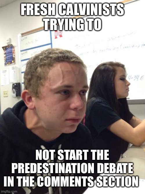 hold breath guy muss kaufen | FRESH CALVINISTS TRYING TO NOT START THE PREDESTINATION DEBATE IN THE COMMENTS SECTION | image tagged in hold breath guy muss kaufen | made w/ Imgflip meme maker