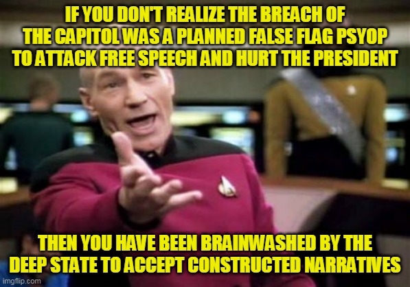 Picard Wtf | IF YOU DON'T REALIZE THE BREACH OF THE CAPITOL WAS A PLANNED FALSE FLAG PSYOP TO ATTACK FREE SPEECH AND HURT THE PRESIDENT; THEN YOU HAVE BEEN BRAINWASHED BY THE DEEP STATE TO ACCEPT CONSTRUCTED NARRATIVES | image tagged in memes,picard wtf | made w/ Imgflip meme maker