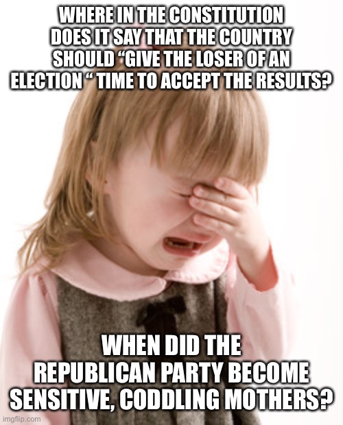 Sad little girl | WHERE IN THE CONSTITUTION DOES IT SAY THAT THE COUNTRY SHOULD “GIVE THE LOSER OF AN ELECTION “ TIME TO ACCEPT THE RESULTS? WHEN DID THE REPUBLICAN PARTY BECOME SENSITIVE, CODDLING MOTHERS? | image tagged in sad little girl | made w/ Imgflip meme maker