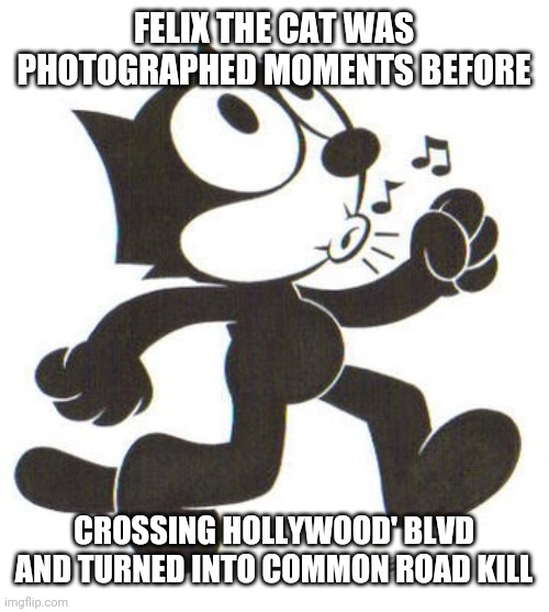 hit and squish | FELIX THE CAT WAS PHOTOGRAPHED MOMENTS BEFORE; CROSSING HOLLYWOOD' BLVD AND TURNED INTO COMMON ROAD KILL | image tagged in memes | made w/ Imgflip meme maker