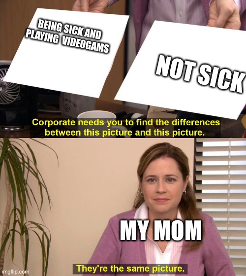 They are the same picture | BEING SICK AND PLAYING  VIDEOGAMS; NOT SICK; MY MOM | image tagged in they are the same picture | made w/ Imgflip meme maker