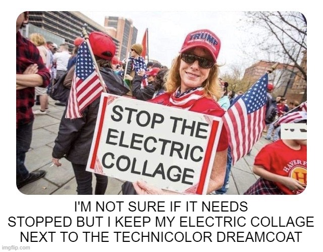 Stop the steel! | I'M NOT SURE IF IT NEEDS STOPPED BUT I KEEP MY ELECTRIC COLLAGE
NEXT TO THE TECHNICOLOR DREAMCOAT | image tagged in memes,electoral college,electric,collage,technicolor | made w/ Imgflip meme maker