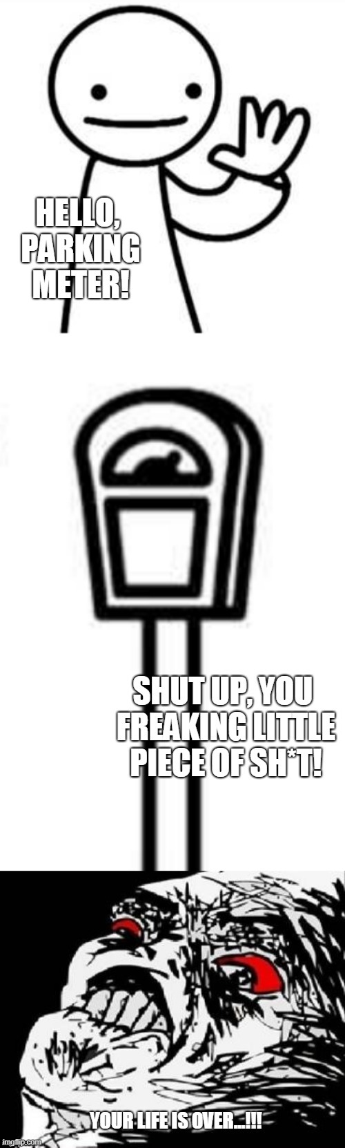 Hello, Parking B*tch! | image tagged in hello,parking meter,rage,bitch,shut up,face | made w/ Imgflip meme maker