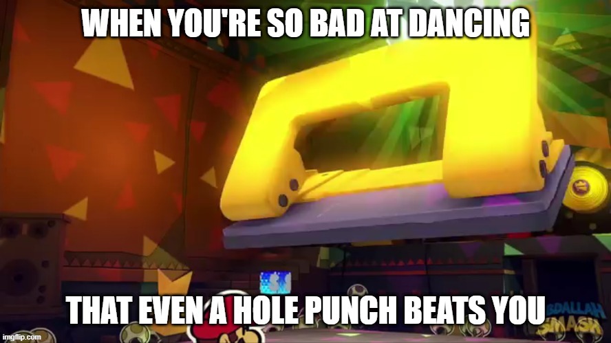 Groovy Hole Punch | image tagged in hole punch,legion of stationery,nintendo,paper mario,origami king,boss battle | made w/ Imgflip meme maker