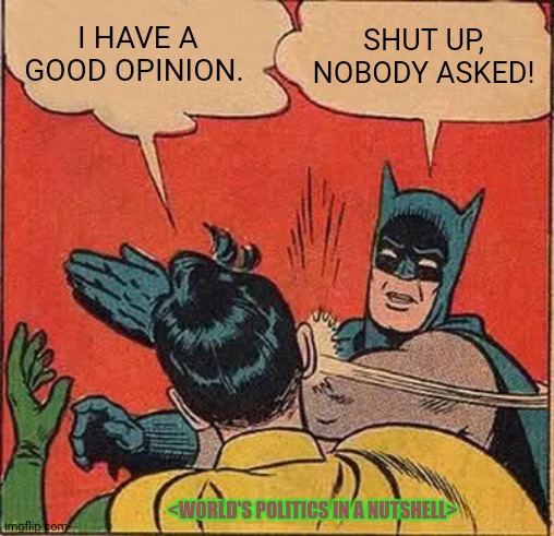 Batman Slapping Robin | I HAVE A GOOD OPINION. SHUT UP, NOBODY ASKED! <WORLD'S POLITICS IN A NUTSHELL> | image tagged in memes,batman slapping robin,polls | made w/ Imgflip meme maker