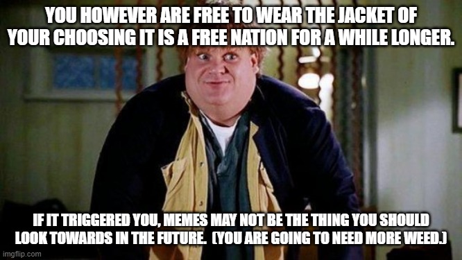 Fat Guy in a Little Coat | YOU HOWEVER ARE FREE TO WEAR THE JACKET OF YOUR CHOOSING IT IS A FREE NATION FOR A WHILE LONGER. IF IT TRIGGERED YOU, MEMES MAY NOT BE THE T | image tagged in fat guy in a little coat | made w/ Imgflip meme maker