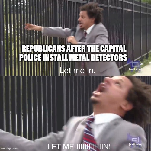 Given reports of inside help by certain Republicans, I wouldn't trust them either | REPUBLICANS AFTER THE CAPITAL POLICE INSTALL METAL DETECTORS | image tagged in let me in | made w/ Imgflip meme maker