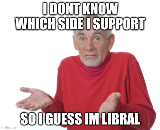 Old Man Shrugging | I DONT KNOW WHICH SIDE I SUPPORT; SO I GUESS IM LIBRAL | image tagged in old man shrugging | made w/ Imgflip meme maker
