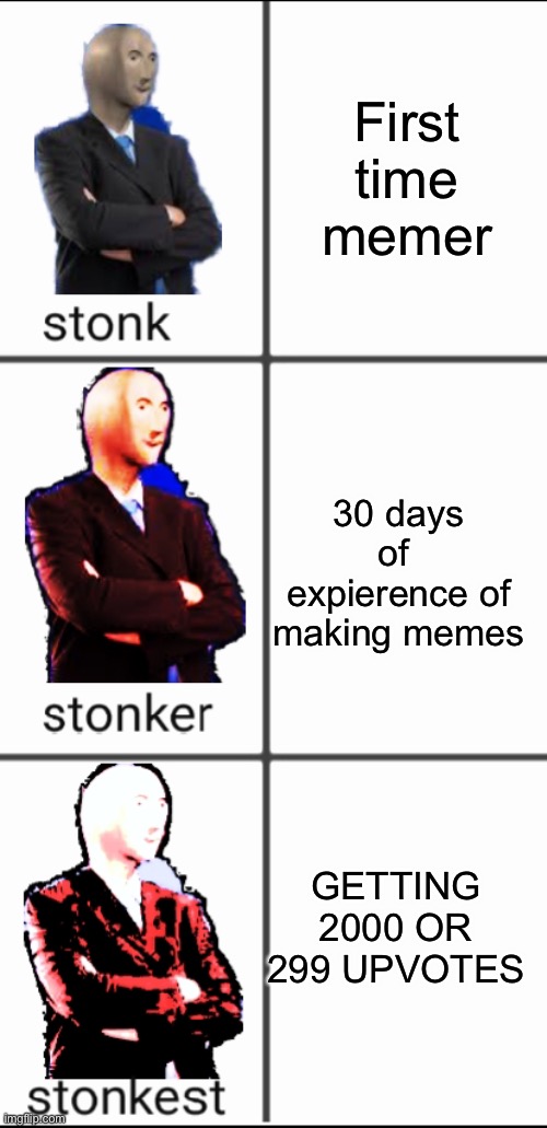 Stonk by level | First time memer; 30 days of  expierence of making memes; GETTING 2000 OR 299 UPVOTES | image tagged in stonk by level | made w/ Imgflip meme maker