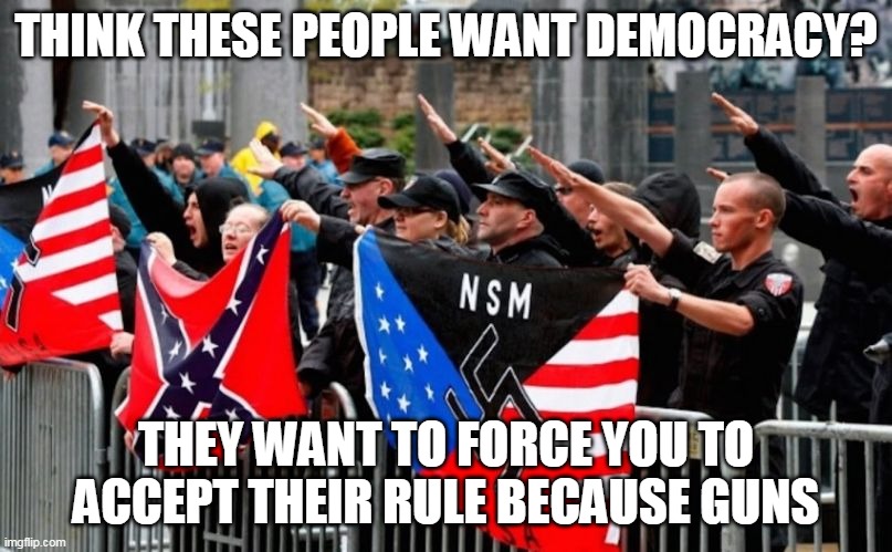 Maybe it's time to revisit the 2nd amendment if they can't accept that they lost an election because their message sucks | THINK THESE PEOPLE WANT DEMOCRACY? THEY WANT TO FORCE YOU TO ACCEPT THEIR RULE BECAUSE GUNS | image tagged in alt-right nazis trump | made w/ Imgflip meme maker